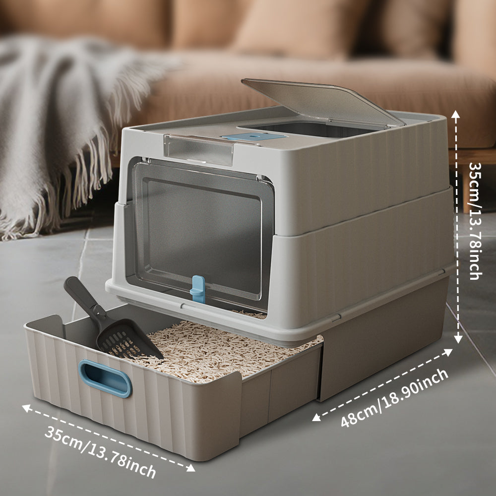 Dual Opening Fully Enclosed Cat Litter Box, Top Entry Anti-Tracking w scoop