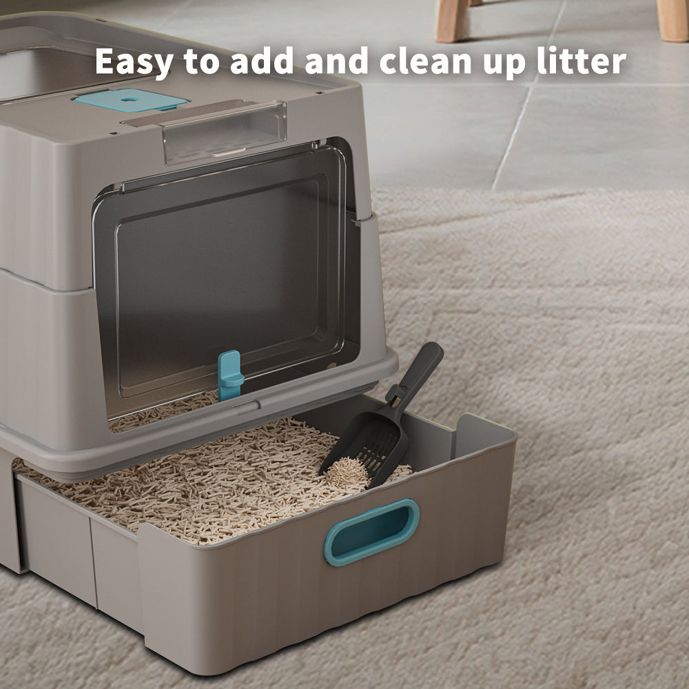 Dual Opening Fully Enclosed Cat Litter Box, Top Entry Anti-Tracking w scoop
