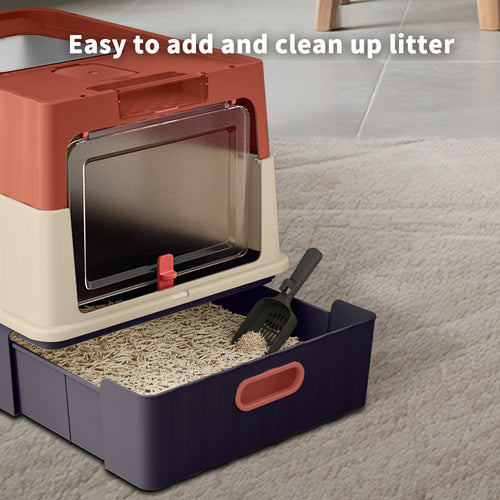 Dual Opening Fully Enclosed Cat Litter Box, Top Entry Anti-Tracking w scoop