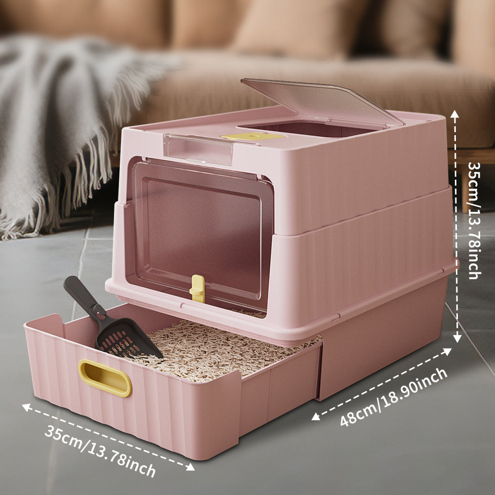 Dual Opening Fully Enclosed Cat Litter Box, Top Entry Anti-Tracking w scoop