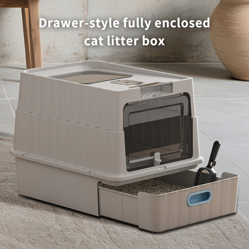 Dual Opening Fully Enclosed Cat Litter Box, Top Entry Anti-Tracking w scoop