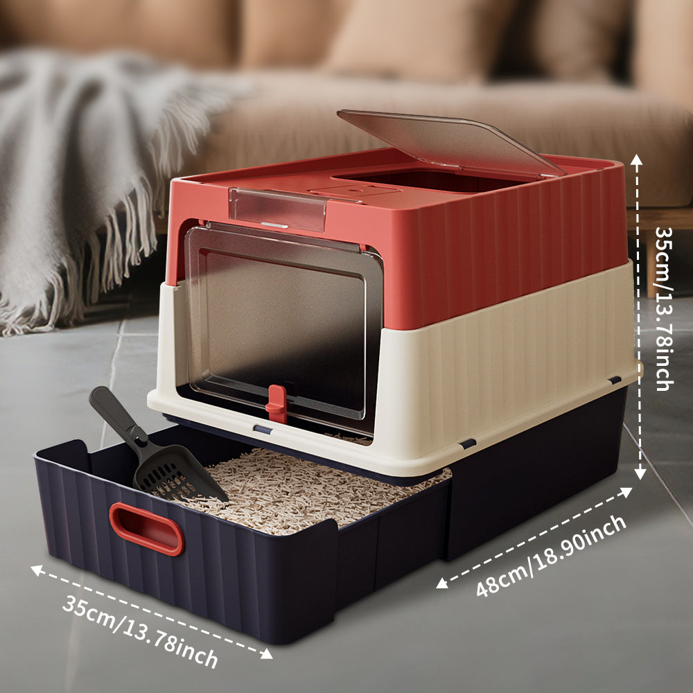 Dual Opening Fully Enclosed Cat Litter Box, Top Entry Anti-Tracking w scoop